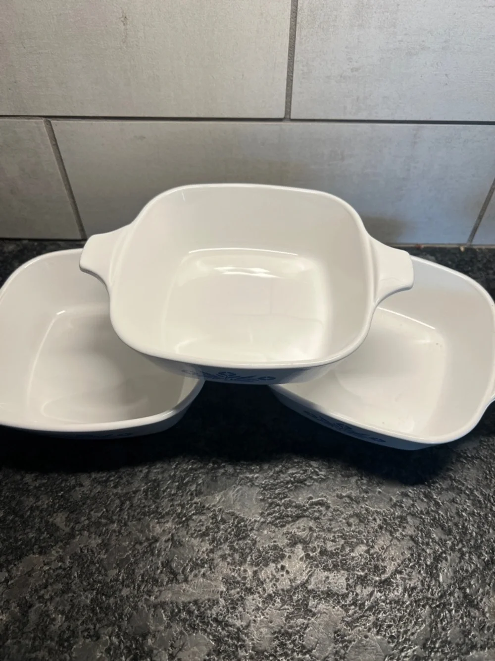 3 Vintage Corningware petite White Casserole Dish with Cornflower blue pattern.